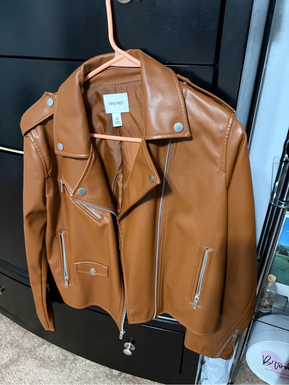 Nine West Cognac Faux Leather Moto Jacket